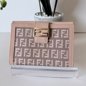 Fendi FF Zucca Compact Wallet Beige Pink Leather Full Set